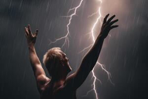 immortality man stretches his arms up during a lightning thunderstorm photo