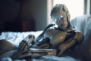 hembra robot cyborg en el amor de cama relación, generativo ai foto