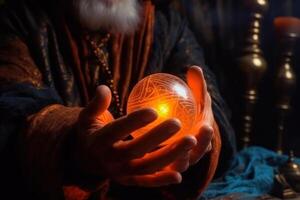 the hands of the sorcerer wizard hold a magic ball for fortune-telling the prediction of the future photo