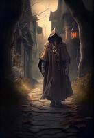 a medieval traveler in a cloak and hood walks along the path. photo