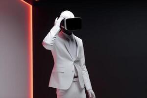 man in white suit wearing virtual reality glasses photo