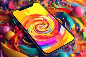 digital mobile technology phone on a colorful painted background photo