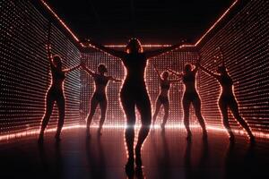 red neon hologram female team dance generative ai photo