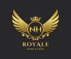 Golden Letter NH template logo Luxury gold letter with crown. Monogram alphabet . Beautiful royal initials letter. vector