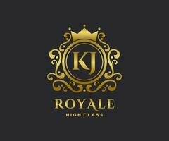 Golden Letter KJ template logo Luxury gold letter with crown. Monogram alphabet . Beautiful royal initials letter. vector