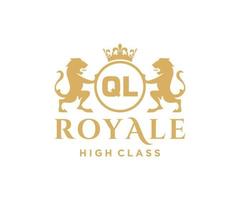 Golden Letter QL template logo Luxury gold letter with crown. Monogram alphabet . Beautiful royal initials letter. vector