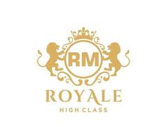 Golden Letter RM template logo Luxury gold letter with crown. Monogram alphabet . Beautiful royal initials letter. vector