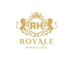 Golden Letter RH template logo Luxury gold letter with crown. Monogram alphabet . Beautiful royal initials letter. vector