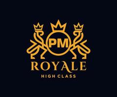 Golden Letter PM template logo Luxury gold letter with crown. Monogram alphabet . Beautiful royal initials letter. vector