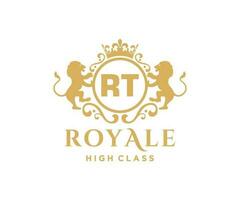 Golden Letter RT template logo Luxury gold letter with crown. Monogram alphabet . Beautiful royal initials letter. vector