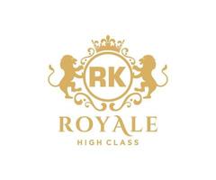 Golden Letter RK template logo Luxury gold letter with crown. Monogram alphabet . Beautiful royal initials letter. vector