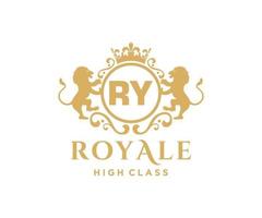 Golden Letter RY template logo Luxury gold letter with crown. Monogram alphabet . Beautiful royal initials letter. vector