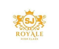 Golden Letter SJ template logo Luxury gold letter with crown. Monogram alphabet . Beautiful royal initials letter. vector