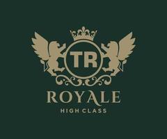 Golden Letter TR template logo Luxury gold letter with crown. Monogram alphabet . Beautiful royal initials letter. vector