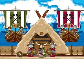 dibujos animados vikingo guerreros en el playa con lanchas nórdico historia ilustración vector