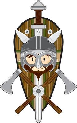 Cute Cartoon Viking Warrior with Shield and Axes Norse History Illustration