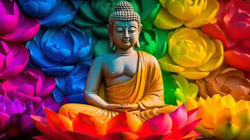 generativo ai ilustración de un Buda estatua y multicolor flores foto