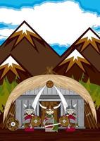 Cute Cartoon Viking Warrior and Homestead Norse History Illustration vector