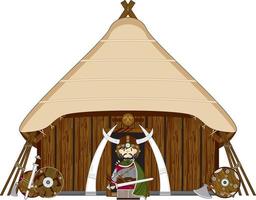 Cute Cartoon Viking Warrior at Homestead Norse History Illustration vector