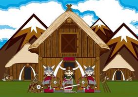 linda dibujos animados vikingo guerreros a granja nórdico historia ilustración vector