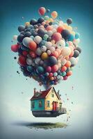 illustration of a house flying with a bunch of balloons photo