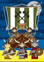 linda dibujos animados vikingo guerreros y lancha nórdico historia ilustración vector