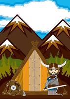 Cute Cartoon Viking Warrior and Tent Norse History Illustration vector