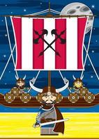 Cartoon Viking Warrior on the Beach with Longboat Norse History Illustration vector