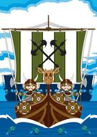 Cute Cartoon Viking Warriors on Longboat Norse History Illustration vector