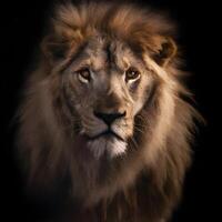 cerca arriba retrato de frente ver leon cara curioso dentro el cámara en negro antecedentes. león cabeza. Rey de selva. generativo ai. foto