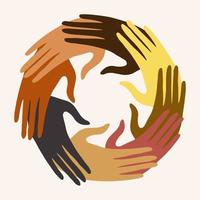 Group of hands in a circle of multiethnic diverse people.People of different cultures.Concept against racism. Cooperation trust help and support.Diversity people.Community.Agreement between colleagues vector