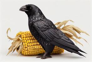 agricultural pest. crow and an ear of corn. photo