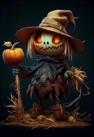 saw scarecrow for scaring away the varon. scarecrow with a pumpkin instead of the head. photo