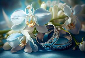 white violets and wedding rings on the table. wedding paraphernalia. photo