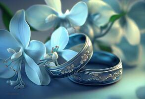 white violets and wedding rings on the table. wedding paraphernalia. photo
