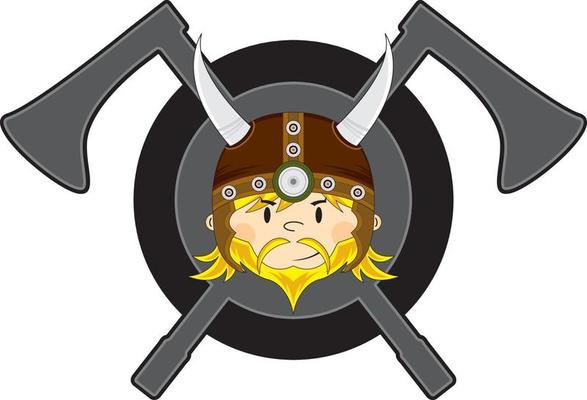 Cute Cartoon Viking Warrior with Shield and Crossed Axes Norse History Illustration