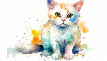 Watercolor cute cat white background with photo