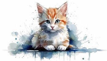 Watercolor cute cat white background with photo