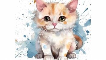 Watercolor cute cat white background with photo