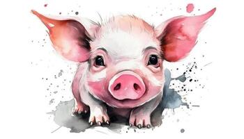 Watercolor cute pig white background with photo