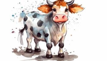 Watercolor cute cow white background with photo