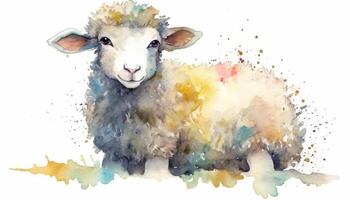 Watercolor cute sheep white background with photo