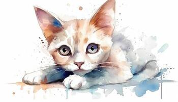 Watercolor cute cat white background with photo