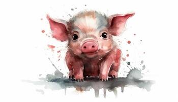 Watercolor cute pig white background with photo