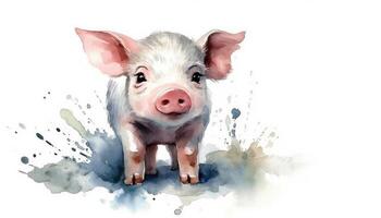 Watercolor cute pig white background with photo