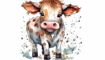 Watercolor cute cow white background with photo