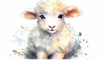 Watercolor cute sheep white background with photo