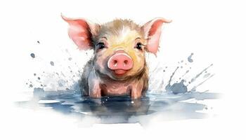 Watercolor cute pig white background with photo