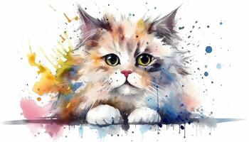 Watercolor cute cat white background with photo