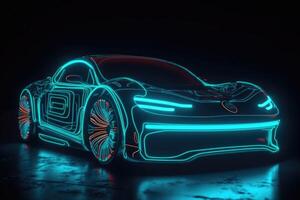 futuristic neon electric car, neon lights night view. photo